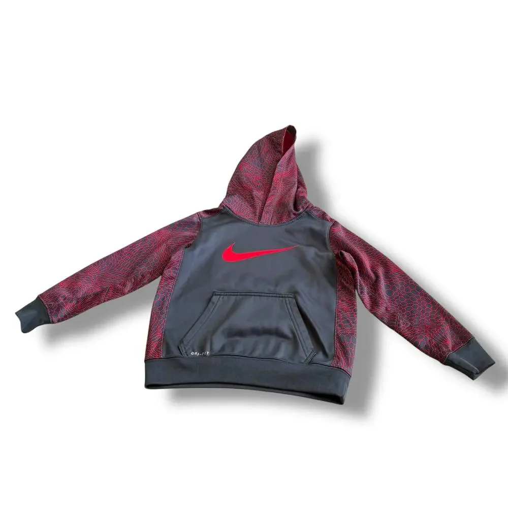 Nike Boys Gray Red Dri-FIT Hoodie Scales Print‎ - Size S 4-5 Kangaroo Pocket